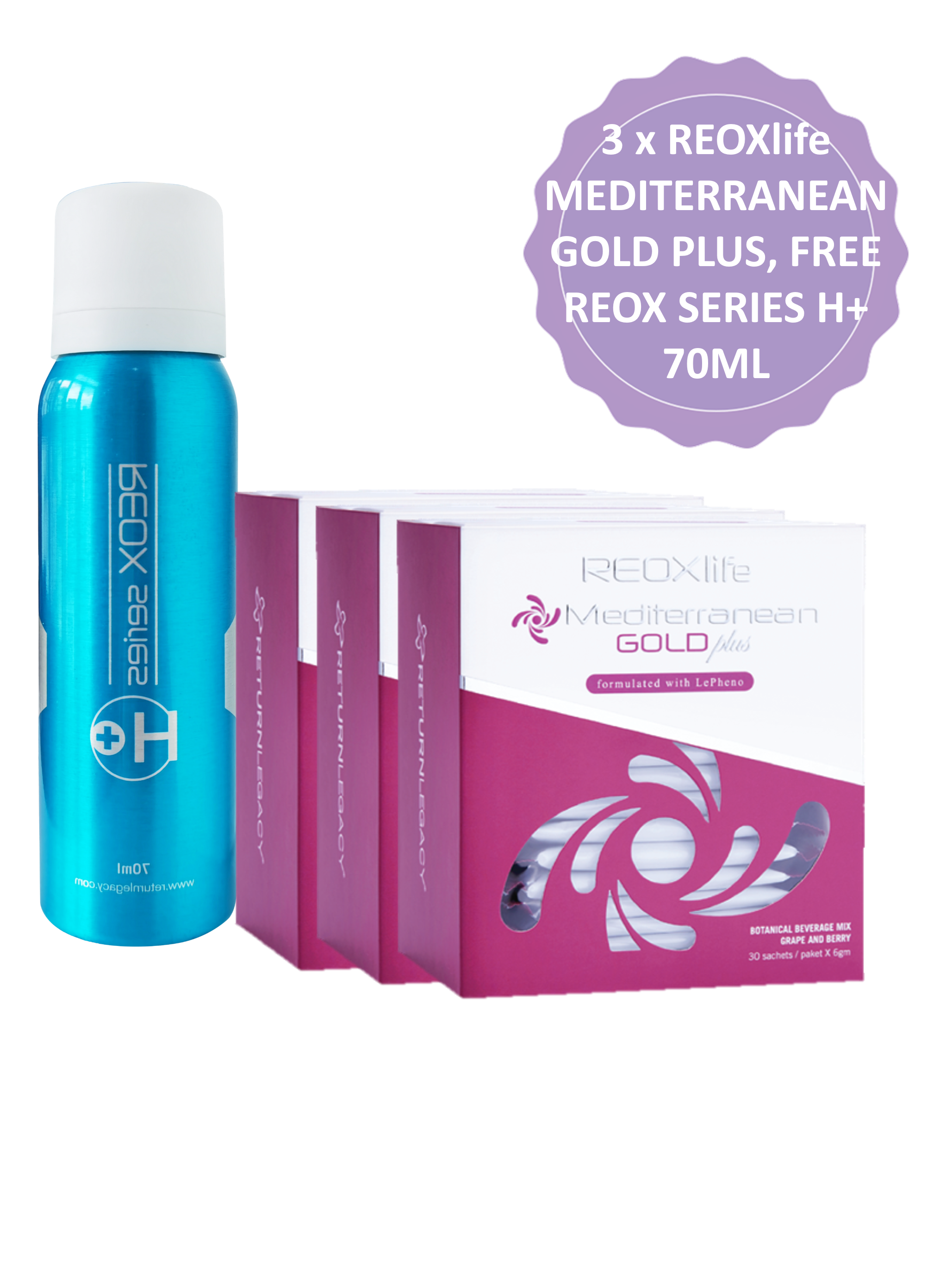 3 x REOXlife MEDITERRANEAN GOLD PLUS, FREE REOX SERIES H+ 70ML